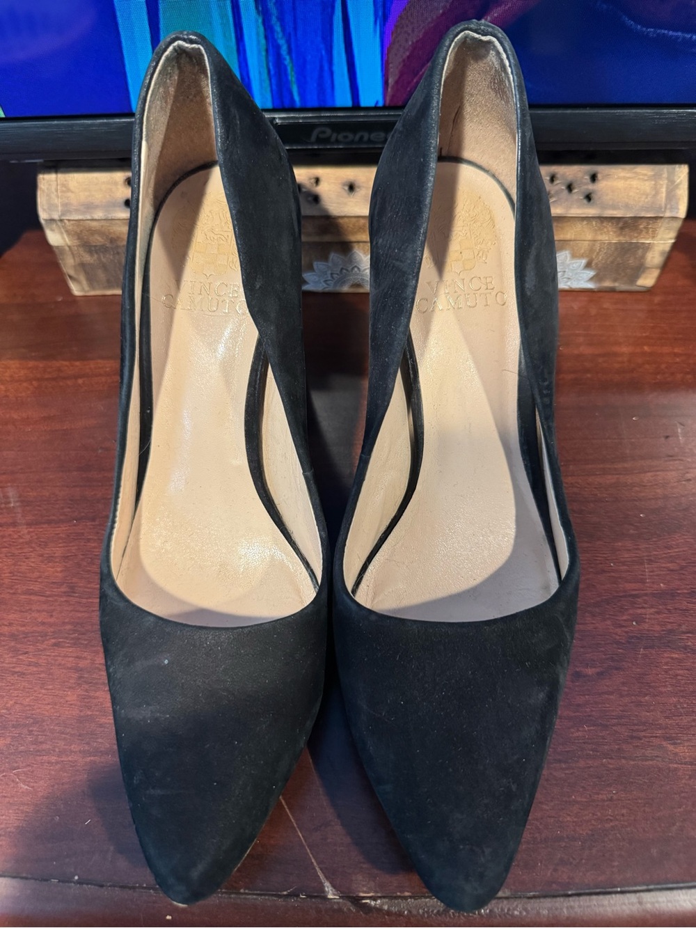 Vince Camuto Black Suede Pointed Block Heel Pump